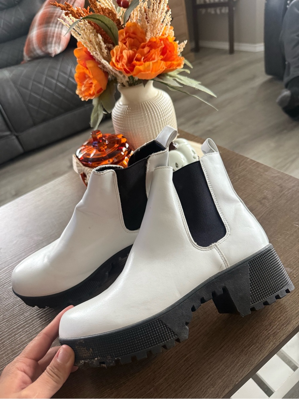 Chunky Chelsea Booties in White with Black Elastic